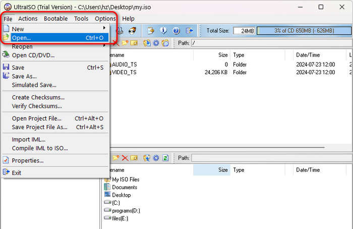 Load iso in Ultraiso